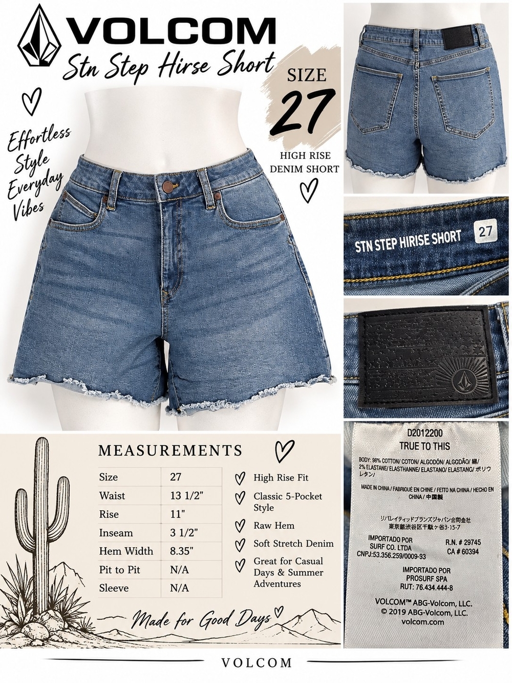 Volcom Stn Step High-Rise Denim Shorts - Blue SIZE 27